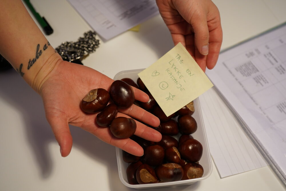 A caregiver holding a handful of chestnuts above a tray of chestnuts, together with a note “take a lucky chestnut” in Danish