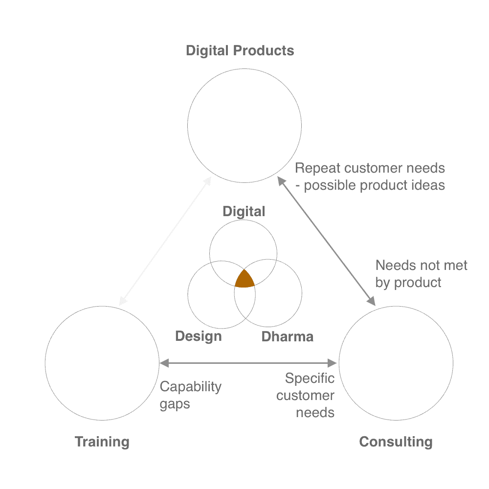 Consulting focuses on specific needs, but could also point to possible digital products, and to training opportunities. 