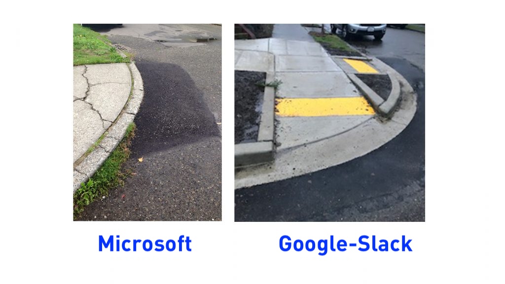 Two sidewalks, one without a curb cut and one with a curb cut