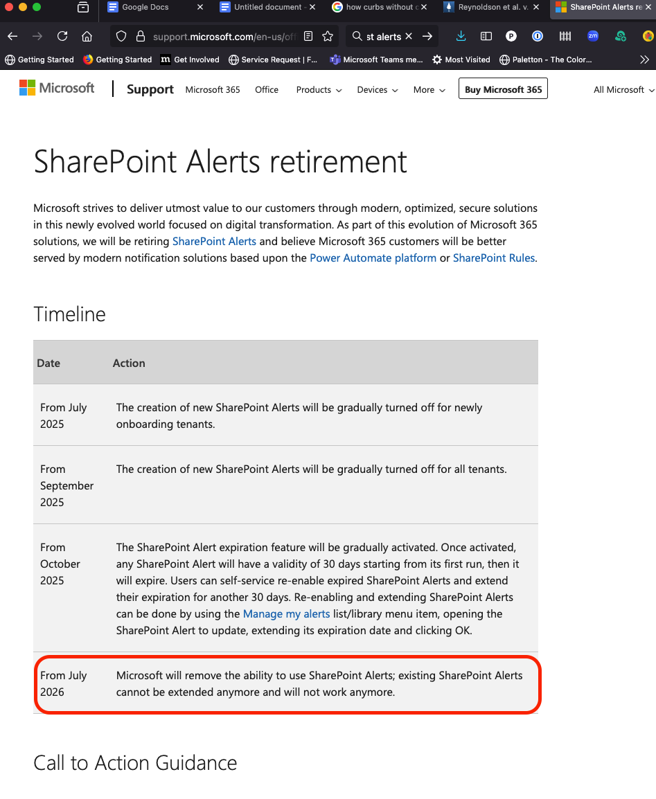 screenshot of the retirement of Sharepoint Alerts