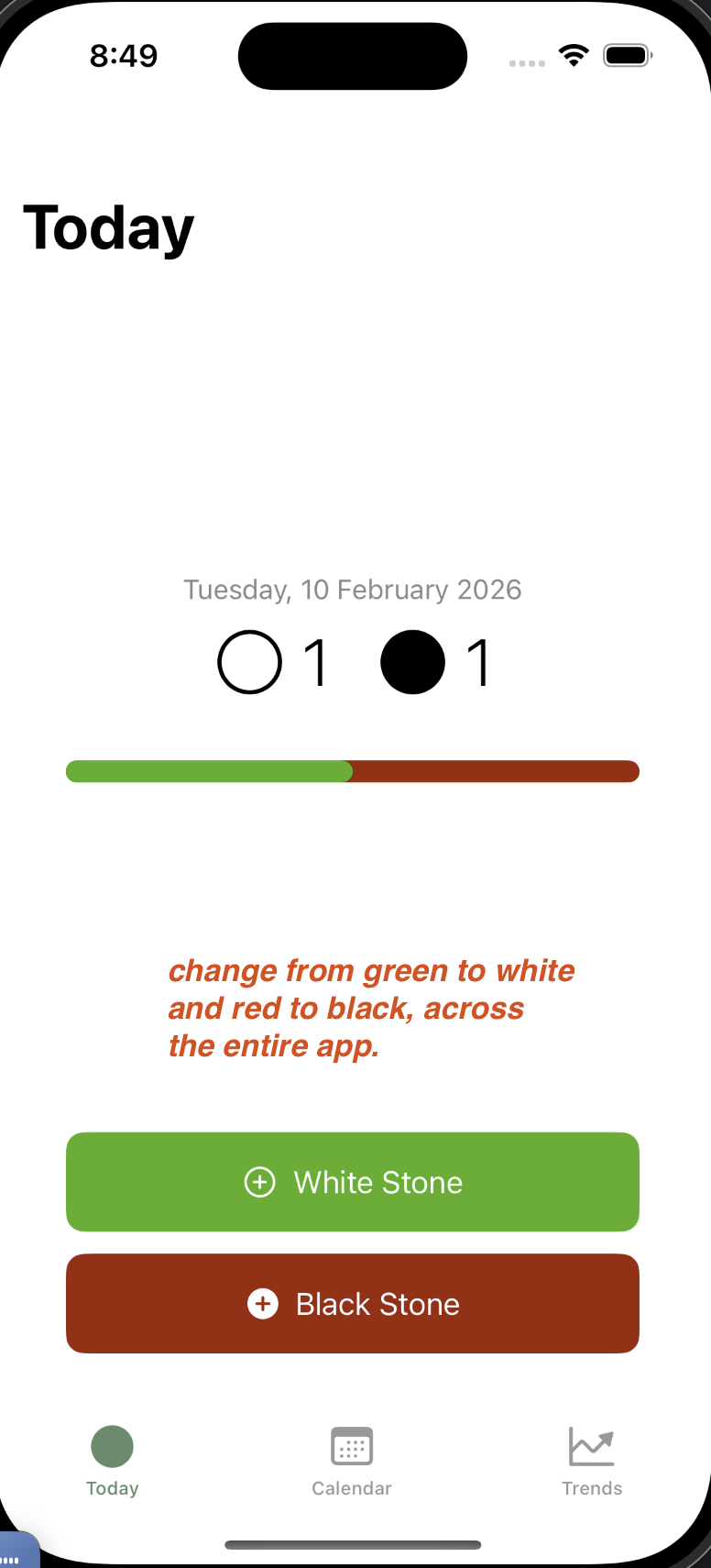 Today screen of first cut White Stone app