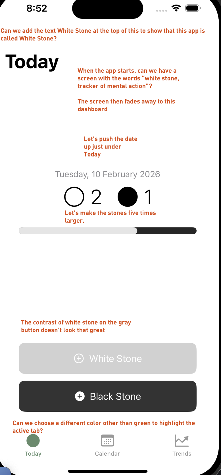 Screenshot feedback of White Stone iteration — screenshot of my feedback to CC, in red