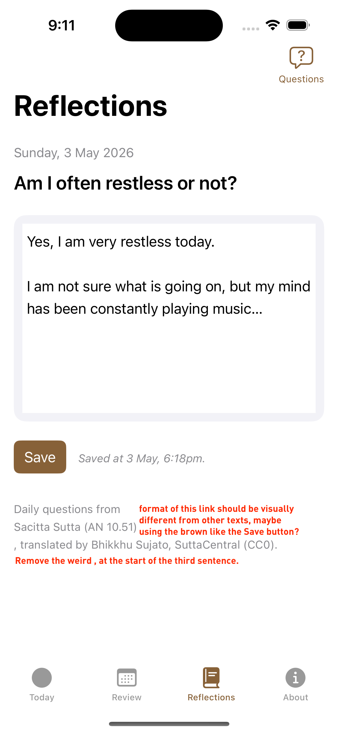 Reflections tab with a saved reflection