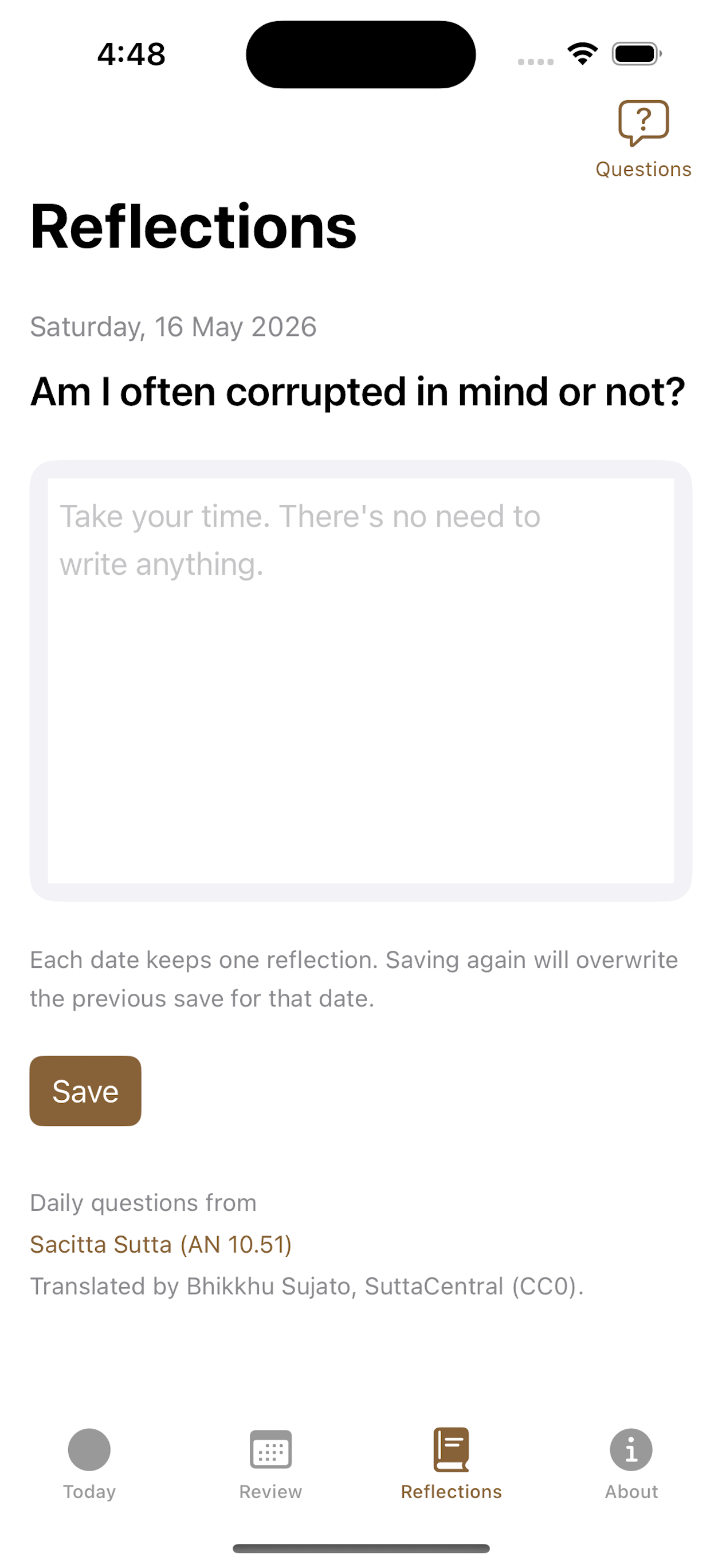 Reflections tab showing today's question