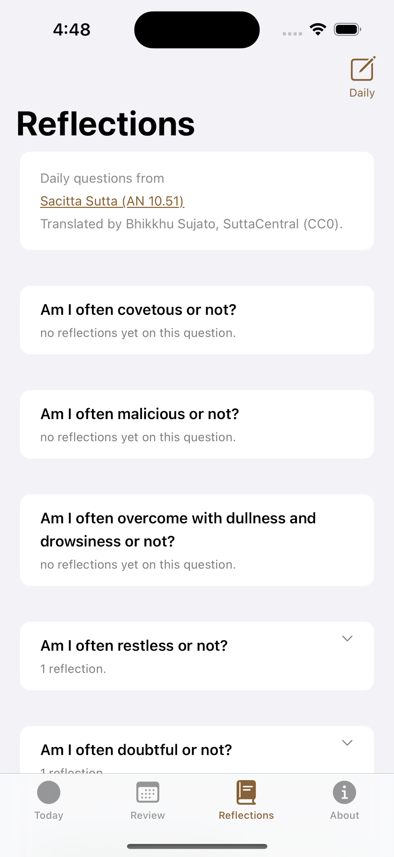 Reflections tab showing all questions